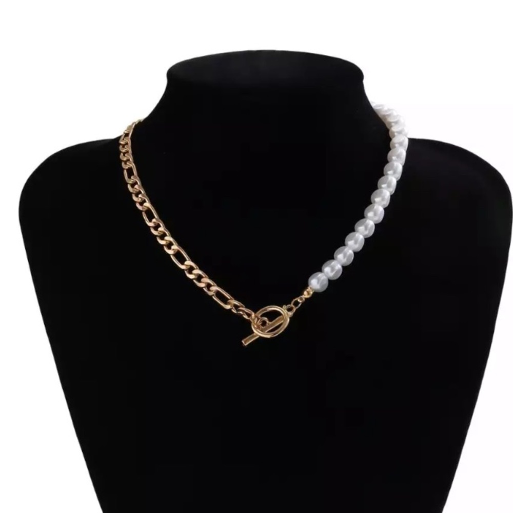 Yellow Gold Plated Faux Pearl Toggle Necklace - Picture 5 of 6
